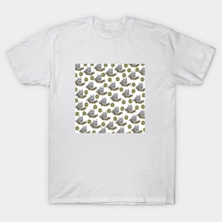 Grey Cat Pattern with Green Ornaments in White Background T-Shirt